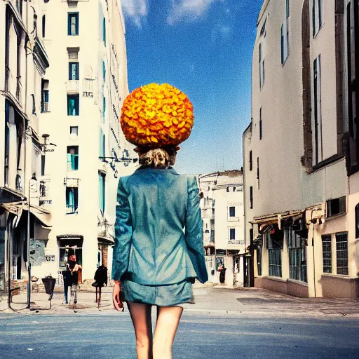 Prompt: giant flower head, woman walking through city, surreal photography, cinematic, blue sky, symmetry, detailed, retro, wes anderson