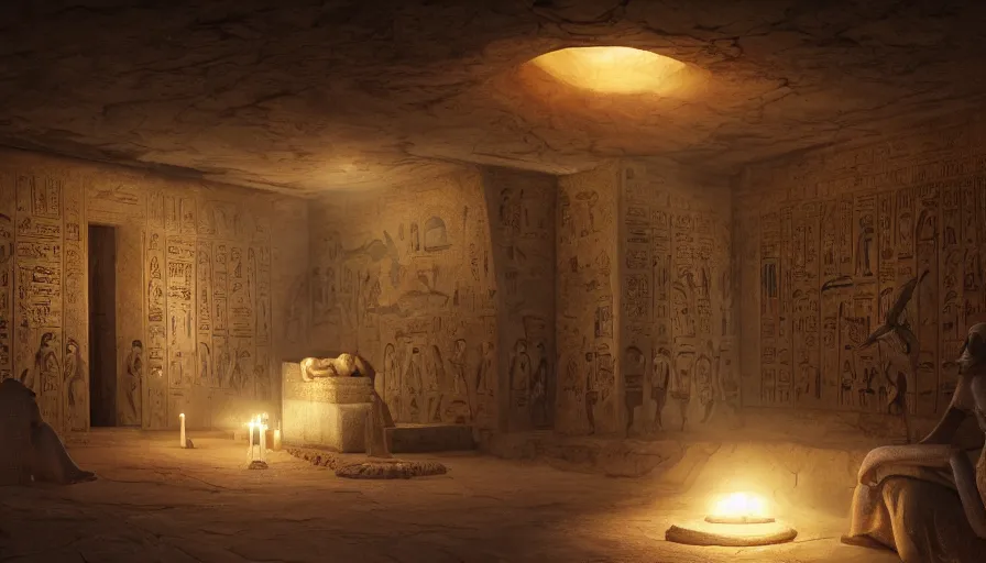 Image similar to A highly detailed matte painting of interior of ancient Egyptian tomb, candle lights, cobwebs, mummy, dark, by Studio Ghibli, Makoto Shinkai, by Artgerm, by WLOP, by Greg Rutkowski, volumetric lighting, octane render, 4K resolution, trending on artstation, masterpiece