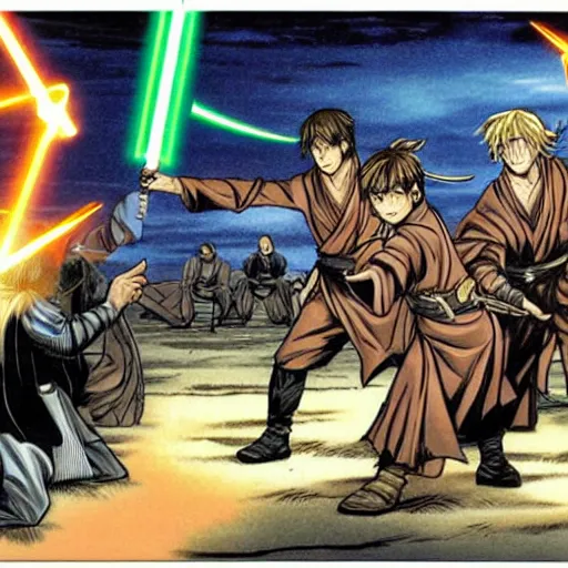 Prompt: manga panel of jedi fighting