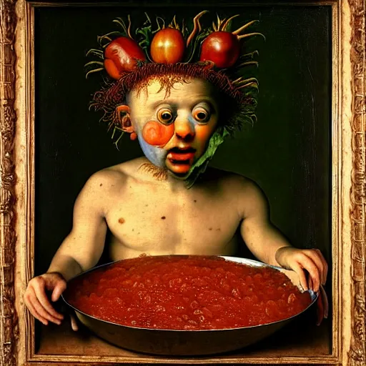 Prompt: a boy sitting in a tub full of tomato sauce, a lot of cabbage, by giuseppe arcimboldo and ambrosius benson, renaissance, portrait, fruit, intricate and intense oil paint, realistic