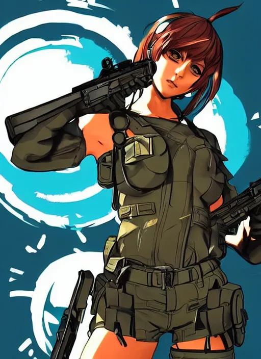 Prompt: Full body portrait of a catgirl in soldier gear holding a shining coin. In style of Yoji Shinkawa, movie poster, vibrant colours, great composition, Metal Gear Solid style concept art, brush strokes.