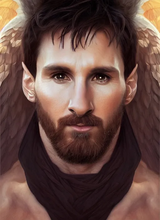 Prompt: portrait lionel messi male beautiful angel, full length shot, shining, 8 k highly detailed, sharp focus, illustration, art by artgerm, mucha, bouguereau