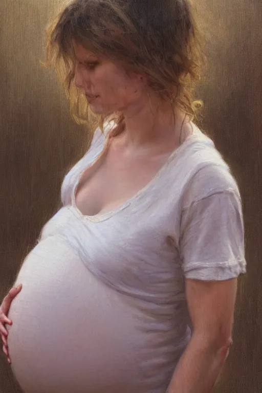 Image similar to pregnant woman in t-shirt by Alyssa Monks, Gaston Bussiere, Stanley Artgerm. full-shot, urban dystopia, hyper realism, realistic proportions, dramatic lighting, high detail 4k