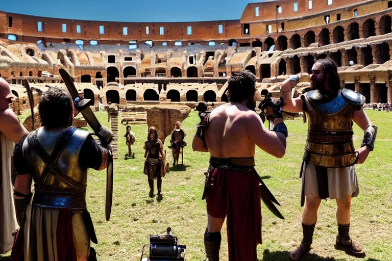 Image similar to vfx film, on set, on location, big production, roman extras, roman army, colosseum, outdoor, behind the scenes, film production, making of, flat color profile low - key lighting award winning photography arri alexa cinematography, hyper real photorealistic cinematic beautiful, atmospheric cool colorgrade