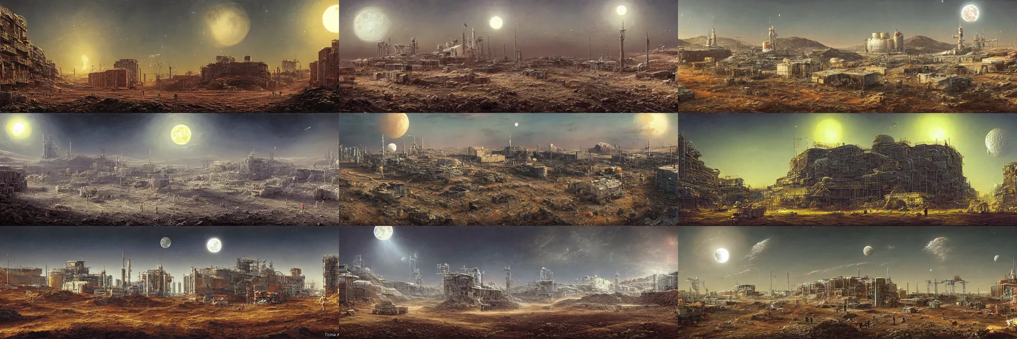 Prompt: painting of a lunar soil norilsk city, sci - fi st. petersburg, lunar soil, busy street, city street on the moon, future norilsk street base, sci - fi, detailed, by thomas cole