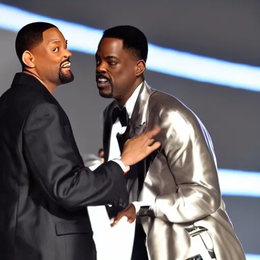 Prompt: Will Smith getting slapped by Chris Rock on a stage, 80mm, dslr photo