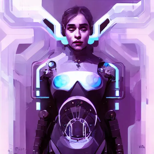 Prompt: a portrait of Emilia Clarke as a beautiful cybernetic techno queen, white woman, cyberpunk concept art by pete mohrbacher and wlop and artgerm josan gonzalez and syd mead, digital art, highly detailed, intricate, sci-fi, sharp focus, Trending on Artstation,