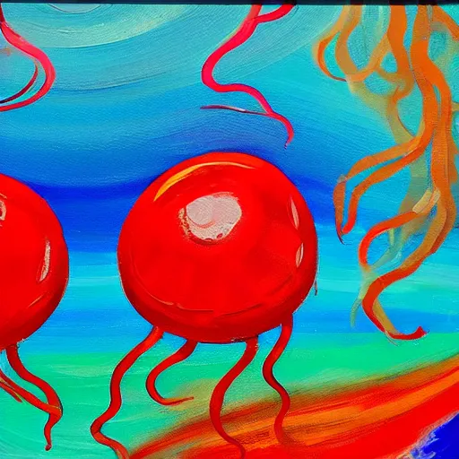 Prompt: two round jellyfish with red bodies and green tentacles floating in the ocean, acrylic paint, sublime, acrylic painting big brush strokes