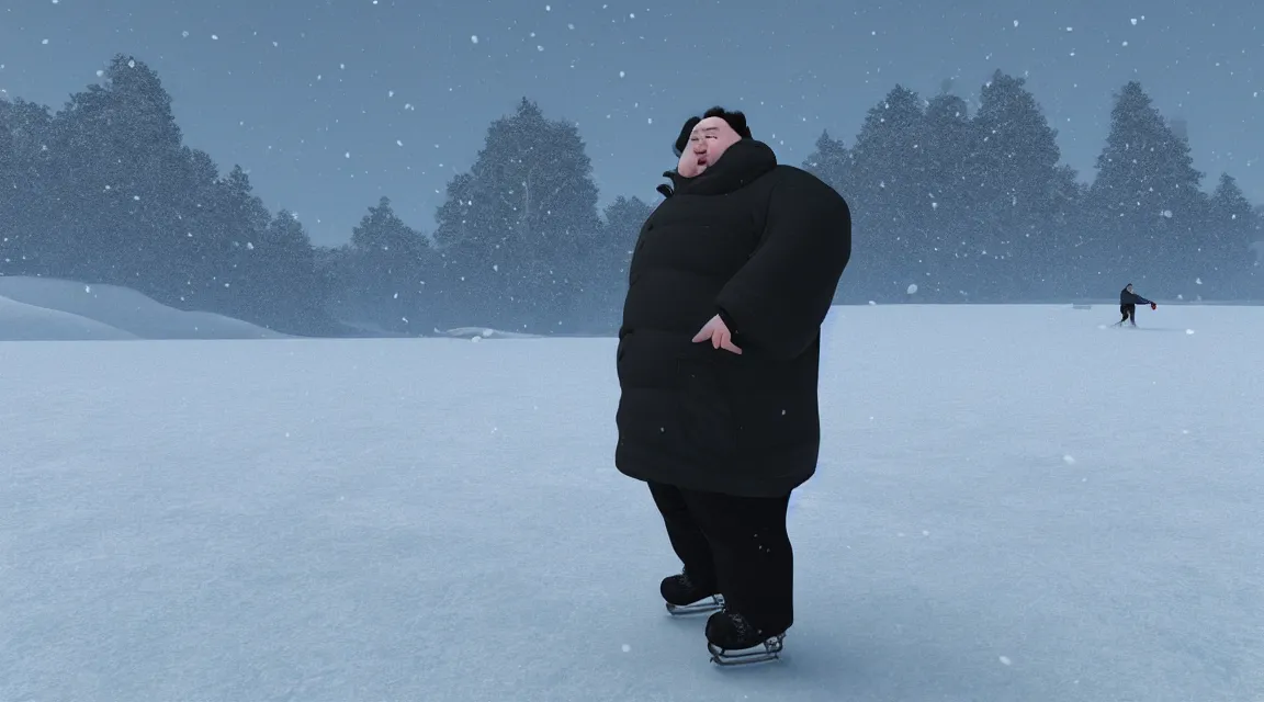 Prompt: a portrait of a fat man on the ice, using weighted vests, snowstorm, flat design, screen print by Kawase Hasui and dan hillier, 8k unreal engine