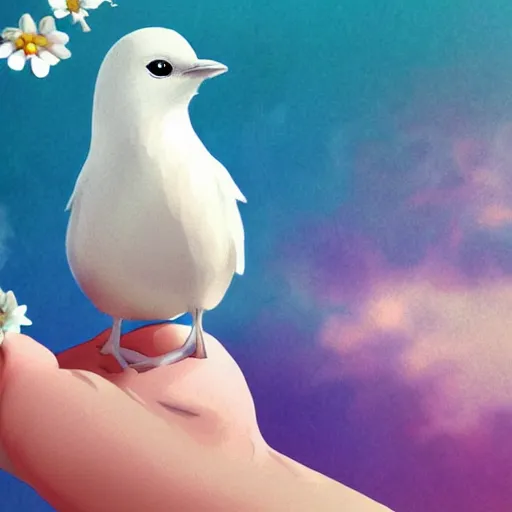 Prompt: white bird holding a flower cinematic composition, studio ghibli, digital art, cute