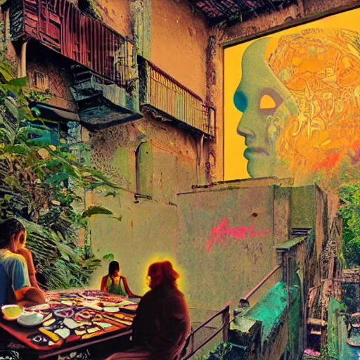 Image similar to breakfast at las pozas, graffiti by moebius, break of dawn on jupiter, cyberpunk, futuristic, 1 9 7 0 cut out collage, technilogy, high detail, golden light, realistic