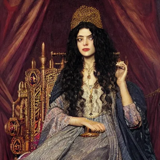 Prompt: a oil painting of a fair skin with dark curly stylised hair queen wearing dress on a throne, medieval arabic, by frederick william elwell, by otomo highly detailed, realistic, concept art, jewels, oriental, desaturated