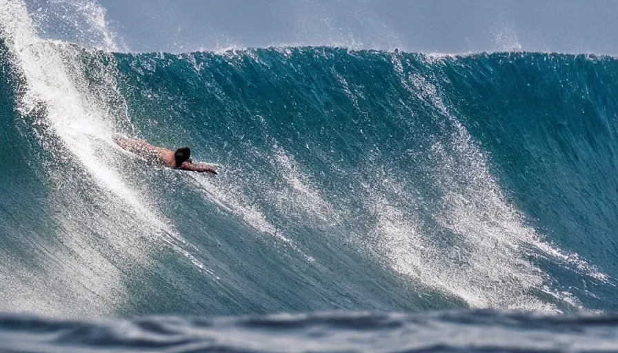 Prompt: a surf photograph surfer with a great white shark tucked into a massive barreling wave in bali, great white 🦈 shark. fast shutter speed, surf photography, dslr,