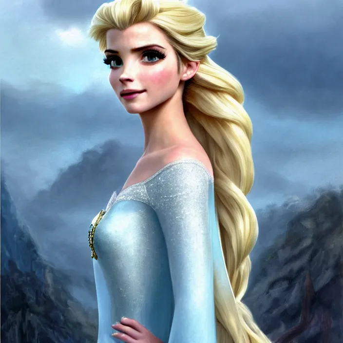 Image similar to portrait of a combination of Ashley Greene, Katheryn Winnick, Victoria Justice and Adriana Dxim, Grace Kelly, Emma Watson and Lily Collins with blonde hair as Elsa from Frozen, countryside, calm, fantasy character portrait, dynamic pose, above view, sunny day, thunder clouds in the sky, artwork by Jeremy Lipkin and Giuseppe Dangelico Pino and Michael Garmash and Rob Rey and Greg Manchess and Huang Guangjian, very coherent asymmetrical artwork, sharp edges, perfect face, simple form, 100mm