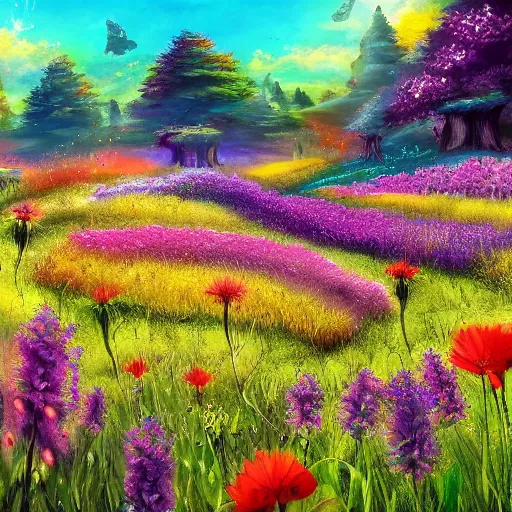 Prompt: heaven meadow with colorful flowers and perlence fantasy pixiv scenery art inspired by magical fantasy
