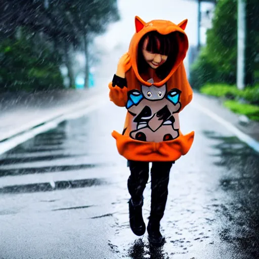 Image similar to a cute anime cyborg - girl wearing a cat hoodie walking in the rain