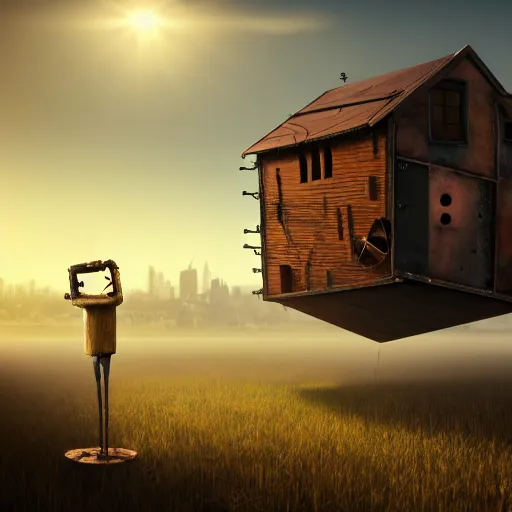 Image similar to a walking wood and metal house with two mechanical legs and two eyes, rust, hyperrealistic, highly detailed, cinematic, single ray of sun, morning, fog, city in background, beautiful, cgssociety, artstation, 8 k, oil painting, digital art