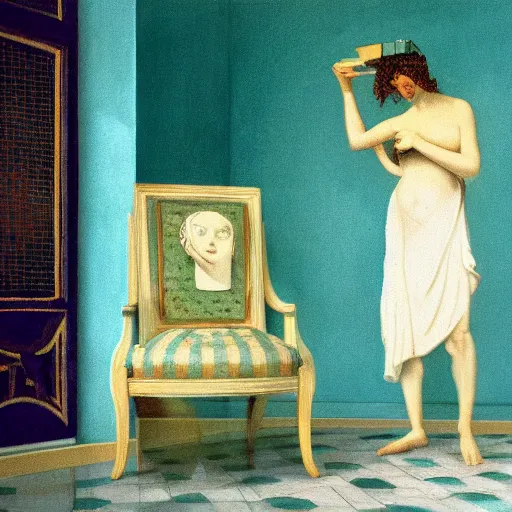 Image similar to a nightmare in a liminal room, film still by wes anderson, depicted by canova, limited color palette, very intricate, art nouveau, highly detailed, lights by hopper, soft pastel colors, minimalist