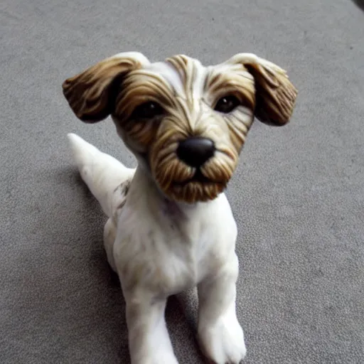 Prompt: a high quality realistic classical marble sculpture of a very cute scruffy wire haired jack russell terrier puppy. friendly, curious expression.