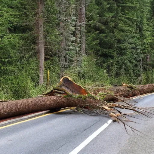 Prompt: fallen tree in highway traffic. Sasquatch peeking out from forest