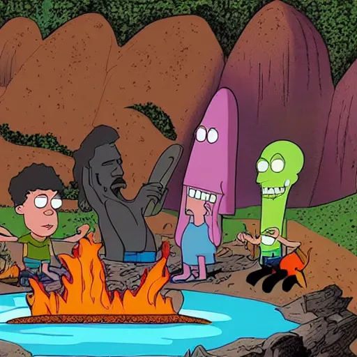 Image similar to American Dad's Roger the Alien, Frank Zappa, Jimi Hendrix, Brock Lesnar, a waterfall and pond, sunrise, campfire, a pot of gold, high definition