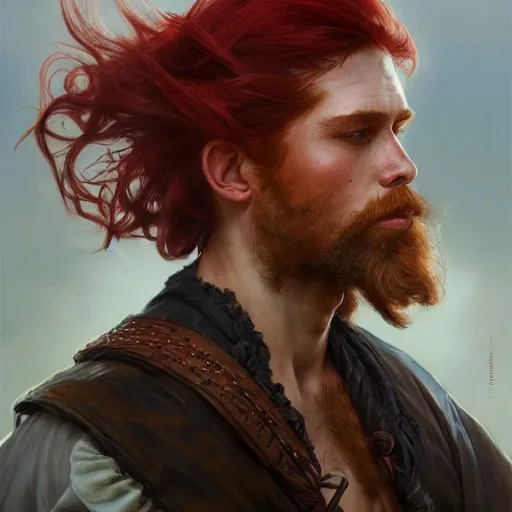 Image similar to portrait of a young rugged pirate, male, masculine, upper body, red hair, long hair, D&D, fantasy, intricate, elegant, highly detailed, digital painting, artstation, concept art, matte, sharp focus, illustration, art by Artgerm and Greg Rutkowski and Alphonse Mucha