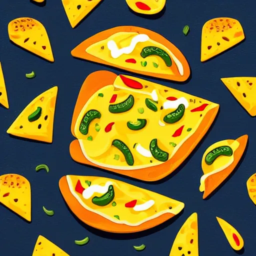 Image similar to animated illustration, isolated nachos with cheese and jalapeno, blank white background, highly detailed, digital painting, concept art, smooth, sharp