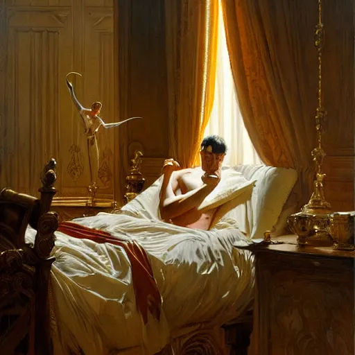 Image similar to the pope wakes up is his bed, sweating, nervous, terrified, because a double horned shadow demon lurks in the curtains of the papal bedroom. highly detailed painting by gaston bussiere, j. c. leyendecker, greg rutkowski, craig mullins 8 k