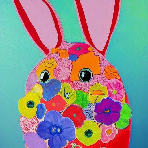 Image similar to The painting is a beautiful and playful work that perfectly encapsulates the artist\'s unique style. The painting features a rabbit made out of ceramic, which is surrounded by brightly colored flowers. The work is both charming and sophisticated, and it is sure to bring a smile to any viewer\'s face. Hadean by Mike Winkelmann, by Walter Percy Day