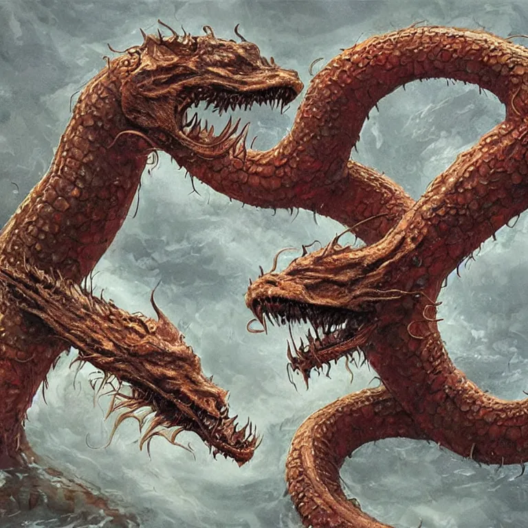 Image similar to two - headed hydra of lerna, jim carey as lloyd christmas and jeff daniels as harry dunne ( from dumb and dumber ), serpentine water monster, aquatic, d & d, fantasy, portrait, highly detailed, digital painting, trending on artstation, concept art, sharp focus, illustration, art by artgerm and greg rutkowski and magali villeneuve