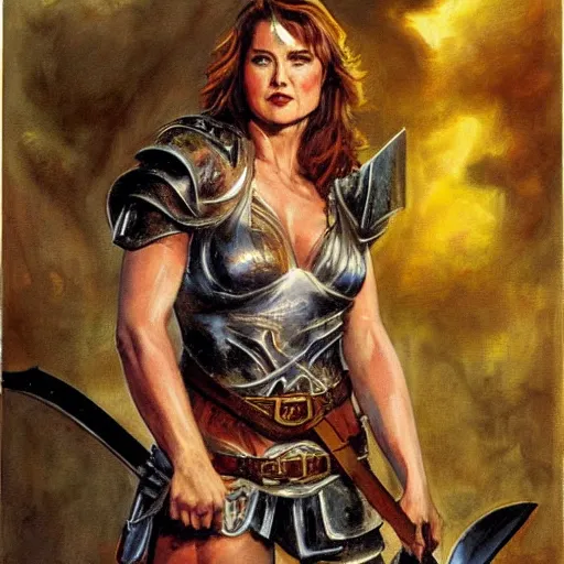 Image similar to portrait of lucy lawless wearing armor and holding sword by frank fazetta, fantasy, barbarian