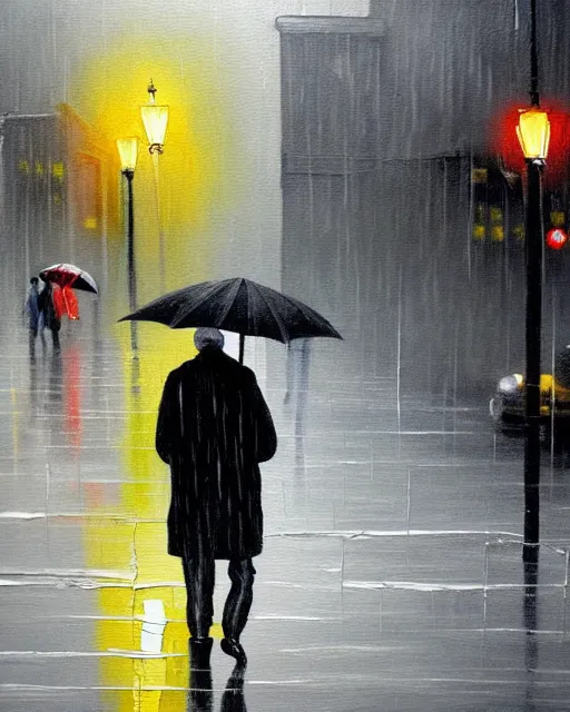 Prompt: a painting of an old man walking down the street, rain, an ultrafine detailed painting, by cabu, featured on deviantart, detailed painting, deviantart