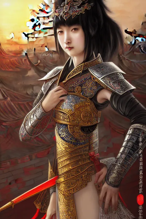 Image similar to portrait black hair young knights of Dynasty Warriors girl, metallic red mirror armor, in ruin chinese temple rooftop sunset, ssci-fi and fantasy, intricate and very beautiful and elegant, highly detailed, digital painting, soft light, artstation, concept art, smooth and sharp focus, illustration, art by tian zi and WLOP and alphonse mucha