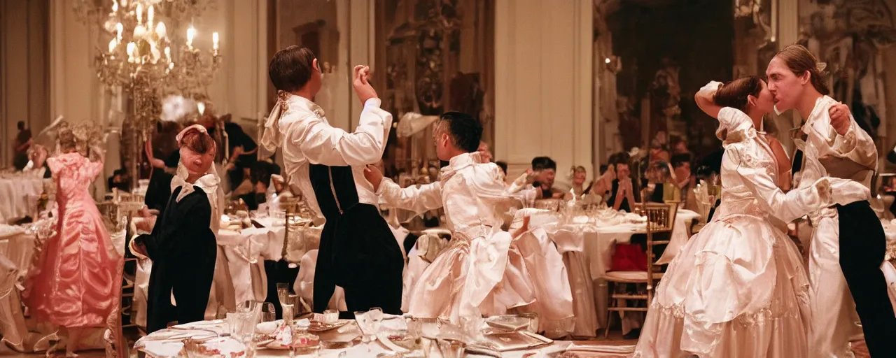 Prompt: a cotillion dance with two young people in fancy outfits, eating spaghetti, canon 5 0 mm, high detail, intricate, cinematic lighting, photography, wes anderson, film, kodachrome