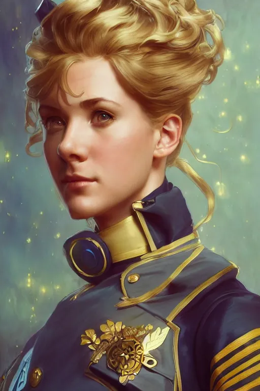 Prompt: beautiful portrait of a female officer wearing a fancy naval uniform, art by artgerm, wlop, craig mullins, alphonse mucha, science fiction, intricate detail, blonde hair, space background, trending on artstation, sharp focus, illustration, caustics, octane render, radiant light, 4 k