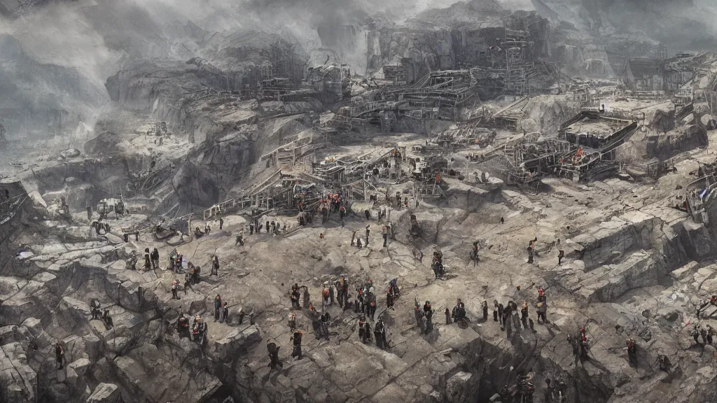 Prompt: top down view of busy deep quarry with miners, papyrus, watercolored, jakub rozalski, dark colours, dieselpunk, artstation