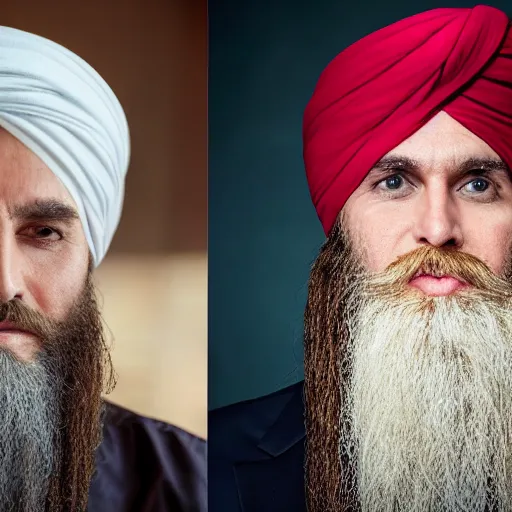 Prompt: a portrait of donald trump wearing a long beard and a turban joining the taliban, fine details, close up, 8 k photography, depth of field, bokeh. i