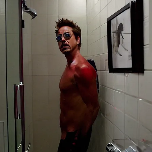 Image similar to Robert Downey Jr. in the bathroom, paparazzi, photography,