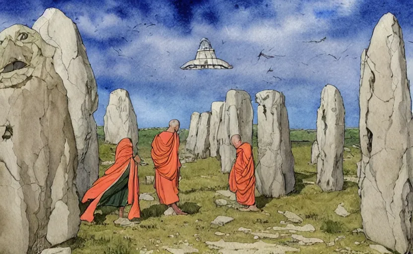 Image similar to a realistic watercolor fantasy concept art of giant monk with a big forehead in grey robes swaying in stonehenge. several immense stones are floating in the air. in the background a large ufo is in the sky. by rebecca guay, michael kaluta, charles vess