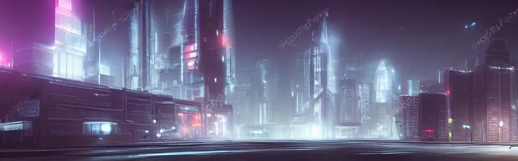 Image similar to an immaculate octane redshift rendering of a futuristic city scape at night in the fog. ambient occlusion. volumetric lighting.