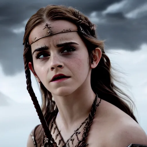 Prompt: emma watson from the new conan the barbarian movie, movie still, 8 k, realistic