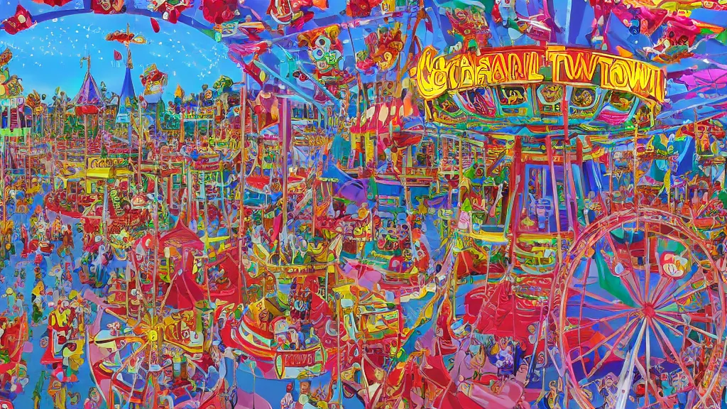 Image similar to carnival town, the horror carnival drawn in the style of a children's book. ferris wheel, circus tent, and carousel. disney style. cutesy, fun, and bright. color harmony, 8 k detail, gallery quality, hd wallpaper, premium prints available, hyper - detailed, intricate design.