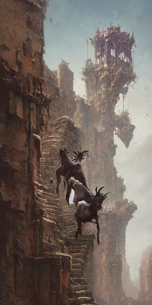 Prompt: a highly detailed epic cinematic concept art cg render digital painting artwork of goats climbing stairs of a fantasy castle, by greg rutkowski, in the style of francis bacon and syd mead and norman rockwell and beksinski