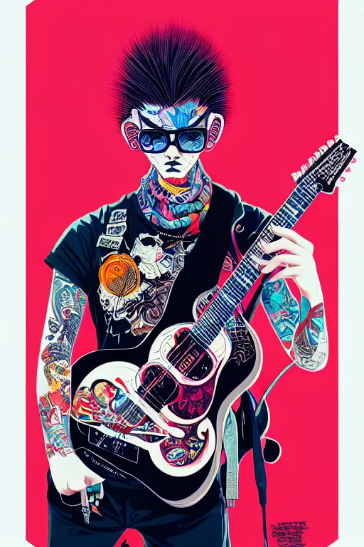 Image similar to punk rocker playing acoustic guitar, tristan eaton, victo ngai, artgerm, rhads, ross draws, intricated details, 3 / 4 view, full body portrait