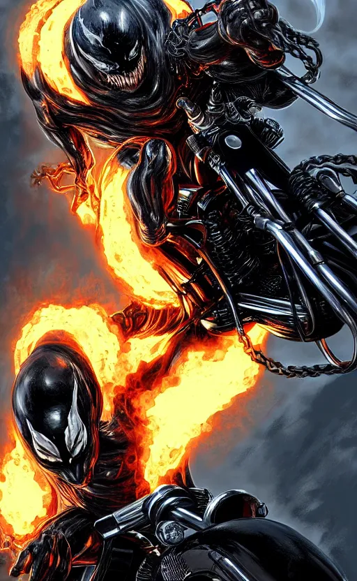 Image similar to venom as ghost rider on a motorcycle, dynamic lighting, photorealistic fantasy concept art, trending on art station, stunning visuals, terrifying, creative, cinematic