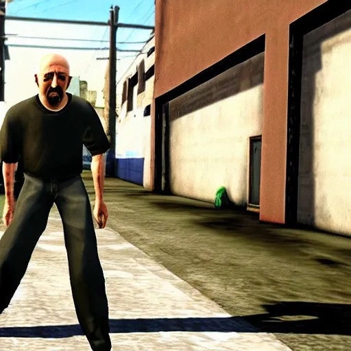 Image similar to Mike Ehrmantraut in Grove Street, screenshot from the PS2 version of GTA San Andreas