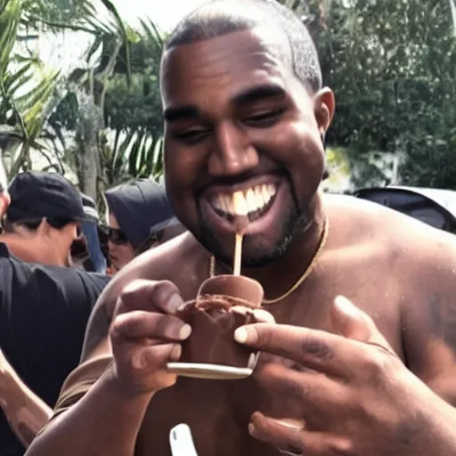 Image similar to extremely fat Kanye west eating Nutella from the bottle