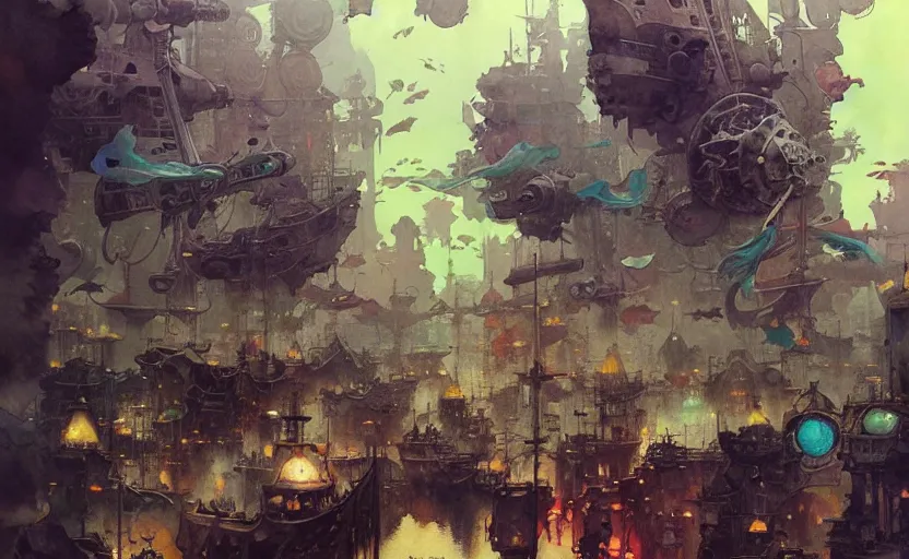 Image similar to airshps fleet, fantasy, steampunk. intricate, amazing composition, colorful watercolor, by ruan jia, by maxfield parrish, by marc simonetti, by hikari shimoda, by robert hubert, by zhang kechun, illustration, gloomy