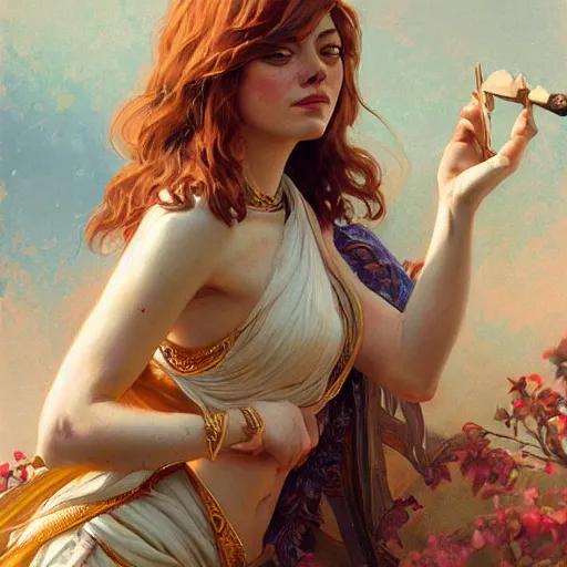 Image similar to Emma Stone as a Greek goddes, gorgeous, amazing, muscular, intricate, highly detailed, digital painting, artstation, concept art, sharp focus, illustration, art by greg rutkowski and alphonse mucha