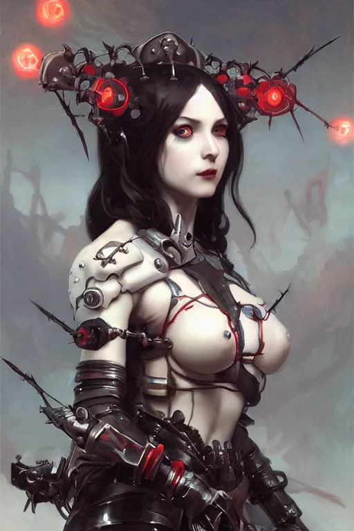 Image similar to Portrait of beautiful pale smiling anime cyborg gothic maiden in bikini armor with crown of thorns and glowing red eyes, steampunc, Warhammer 40000, digital art from artstation by Ruan Jia and Mandy Jurgens and Artgerm and william-adolphe bouguereau